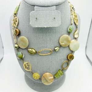 Boho Statement Necklace with Large Stone Disc Beads and Art Glass Accents 37"
